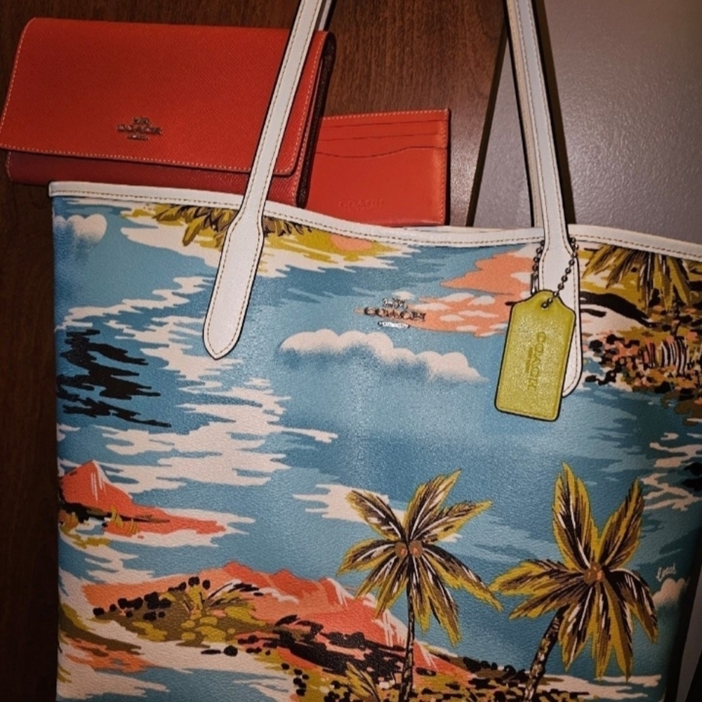 Coach Tropical Palm Print Tote - Blue, Orange, Green